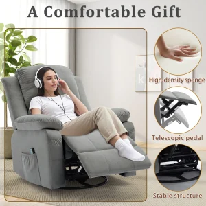 Velvet, Swivel, Rocker Recliner Chair with Massage